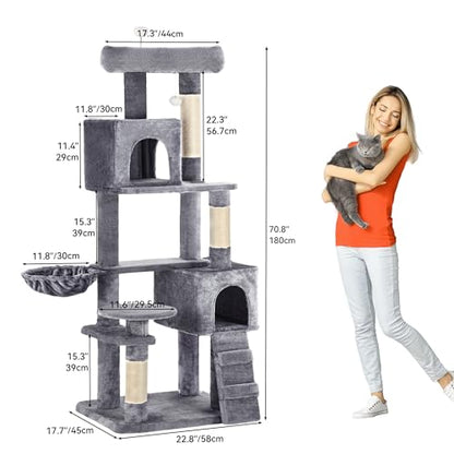 YITAHOME 70.8-Inch Tall Cat Tree Indoor: Multi-Level Kitten Tower with Kitty Condos, Top Perches, Scratching Posts & Cozy Basket Pet Play House Light Gray - color: Light Gray, size: 70.8 inch
