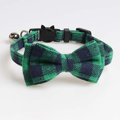 Cat Collar Breakaway with Bell and Bow Tie, Plaid Design Adjustable Safety Kitty Kitten Collars(6.8''-10.8'') (Green Plaid) - color: Green Plaid