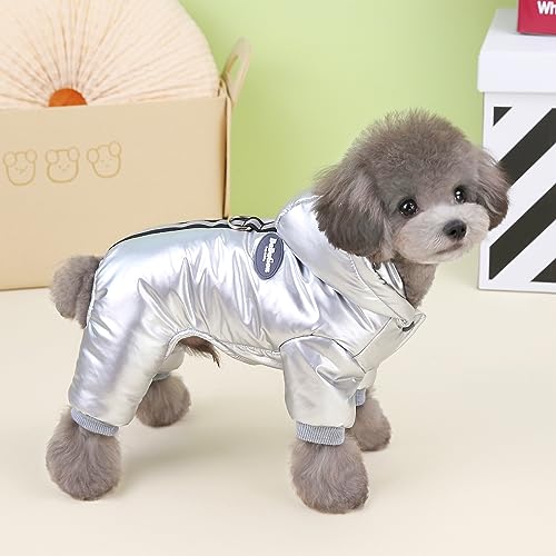 Izefia Dog Coat Windproof Jacket Cold Weather Coats 4 Legs Warm Jumpsuit Winter Thick Clothes Snow Proof Cotton Coat for Small Dog Medium Cat Silver M - color: Silver, size: Medium (Back length: 8.7 inches)