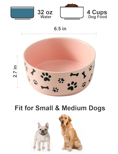 UBEE Ceramic Dog Bowl Set of 2, 6.5 inch Dog Food Bowl Dish with Bone Paw Pattern, Pet Food Water Dish Feeding for Small and Meidum Dogs and Large Cat, Pink - color: Pink-dog paw, size: 6.5 inch x 2
