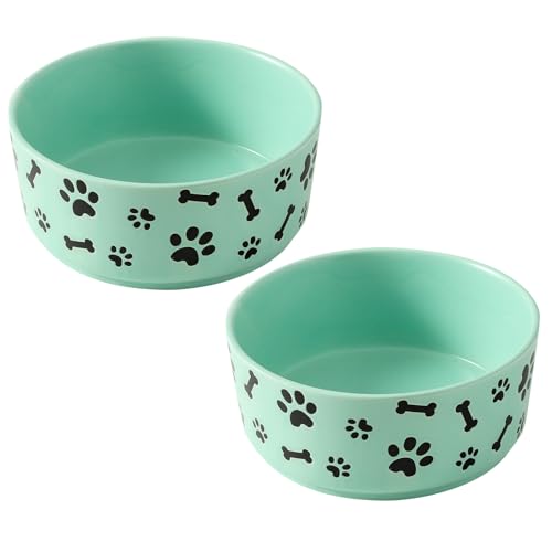 UBEE Ceramic Dog Bowl Set of 2, 6.5 inch Dog Food Bowl Dish with Bone Paw Pattern, Pet Food Water Dish Feeding for Small and Meidum Dogs and Large Cat, Green - color: Green-dog paw, size: 6.5 inch x 2