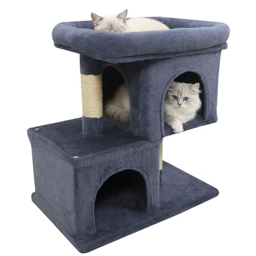 Tangkula Small Cat Tree for Indoor Cats, 25.5 Inch Cat Tower with Sisal Scratching Posts, 2 Large Cat Condos with Padded Top Perch, Modern Cat Climbing Furniture for Adult Cats & Kittens (Dark Gray) - color: Dark Gray