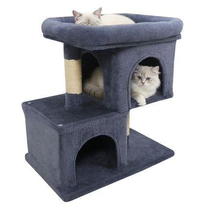 Tangkula Small Cat Tree for Indoor Cats, 25.5 Inch Cat Tower with Sisal Scratching Posts, 2 Large Cat Condos with Padded Top Perch, Modern Cat Climbing Furniture for Adult Cats & Kittens (Dark Gray) - color: Dark Gray