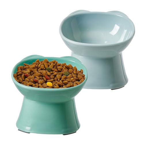KSIA Klear Elevated Cat Bowls 2 Pack, Tilted Raised Cat Bowls for Indoor Cats, for Food and Water, 4.72" Wide, Whisker Friendly Anti Vomit for Indoor Cats, Microwave and Dishwasher Safe, Blue&Green - color: Blue&Green