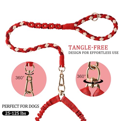 Dual Dog Leash,Double Dog 360 Swivel No Tangle Walking Leash,Comfortable Shock Absorbing Reflective Bungee for Two Dogs（Red） - color: Bright Red