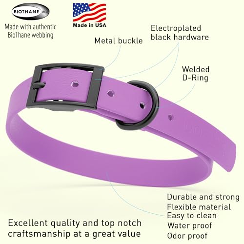 Dogline Biothane Waterproof Dog Collar Strong Coated Nylon Webbing with Black Hardware Odor- Proof for Easy Care Easy to Clean High Performance Fits Small Medium or Large Dogs, Amethyst Purple