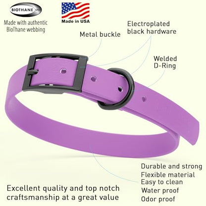 Dogline Biothane Waterproof Dog Collar Strong Coated Nylon Webbing with Black Hardware Odor- Proof for Easy Care Easy to Clean High Performance Fits Small Medium or Large Dogs, Amethyst Purple