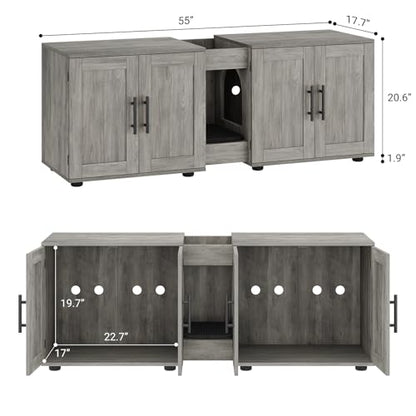 Garvee Cat Litter Box Enclosure for 2 Cats, 55" Hiddden Litter Box Enclosure Furniture 3-in-1 Wooden Litter Cabinet with Barn Door & Double Rooms for Bedroom Living Room, Gray - color: Gray