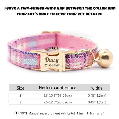 Personalized Plaid Cat Collar with Bell - Non-Breakaway Custom Polyester Kitten Collar with Engraved Name & Phone Number (Pattern 03, S (6.5-10.5 Inches)) - color: Pattern 03, size: S (6.5-10.5 Inches)