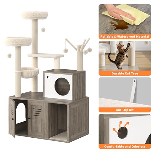 Garvee Cat Litter Box Enclosure with Tree Tower and Condo, Hidden Pet Washroom Furniture with Sisal Scratching Post,Hammocks and Soft Plush Perch, Wooden Cat Furniture with Multiple Platforms,Grey - color: Rustic Grey