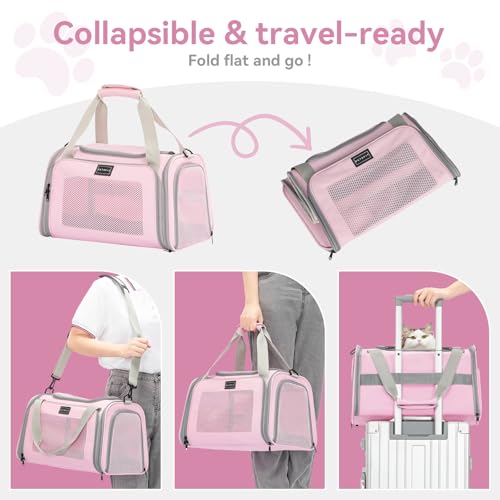Airline Approved Cat Carrier 17.5×10.5×10.5 in, Escape-Proof Design with Locking Zippers & Safety Leash, Easy-Access 3-Way Entry, Washable Mat, Gift-Ready Holiday Choice for Cats up to 12 lb - color: Pink, size: Medium