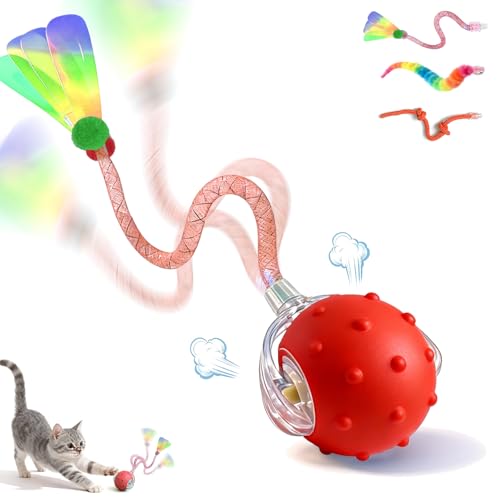 Interactive Cat Toys for Indoor Cats with 3 Tails,Automatic Moving Kitten Toys,Cat Toys for Bored Indoor Adult Cats,Smart Rechargeable Cat Enrichment Toys for Cats to Keep Them Busy, Cat Balls - color: Red