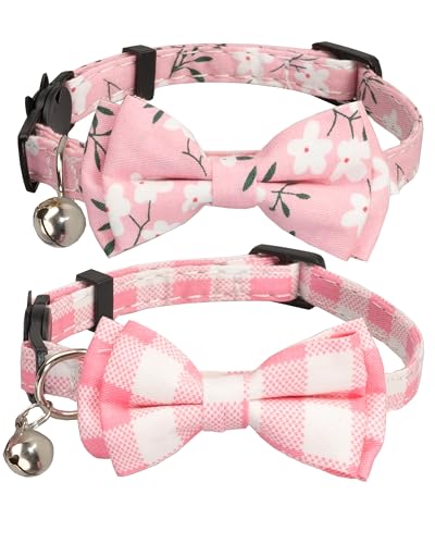 Cat Collar with Bow Tie Bell Breakaway Bowtie 2pcs Set Spring Plaid Flower Floral Solid Boy Girl Cute Kitten Safety A Pink Flower & Plaid - color: A [Flower & Plaid]-Pink