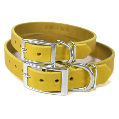Handmade Personalized Bridle Leather Dog Collar, Engraved Stainless Steel Nameplate (Mustard Yellow) - color: Mustard Yellow