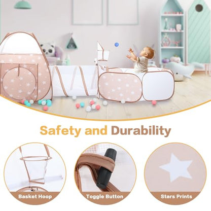 SISTICKER 3 in 1 Kids Play Tent: with Baby Ball Pit and Play Tunnel - Toddler Climbing Toys for Boys Girls Babies - Indoor Outdoor Pop Up Tunnel Toys Gift for Year Old (Balls NOT Included) - style: Coffee/White