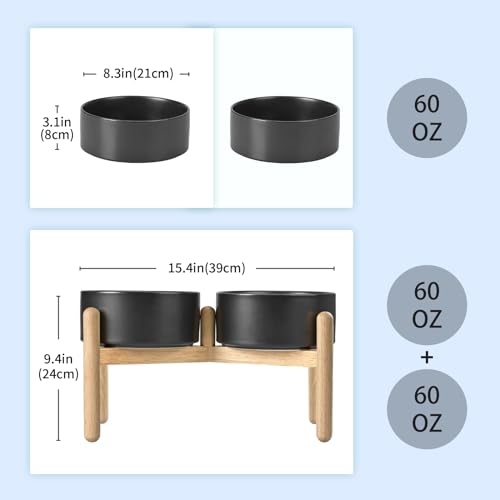 SPUNKYJUNKY Ceramics Elevated Dog Bowls with Wooden Stand Raised Dog Bowl for Medium Large Dog Food and Water Pet Feeding Bowl(Double 60OZ Bowls,Black) - color: Black(Double Bowls Set), size: Large - 7.6 CUPS