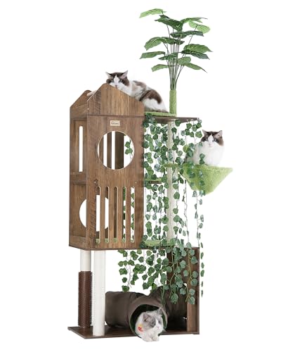 FourFurPets Large Cat Tree with Leaves, 72.8-Inch Cat Tower for Indoor Cats, Modern Cat Tree with Scratching Post, Large Perch, Tunnels, Swing Ball, Self Groomer, Greige - color: Greige