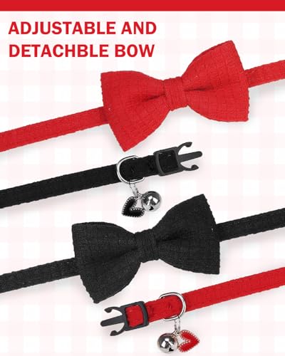 Cat Collar Breakaway with Bells, Soft Cotton Red Cat Bowtie Collar for Girl Cats, Small Cats Collar with Bow for Spring Summer, 2 Pack Cute Kitten Collars with Removable Bowtie 8-12Inch - color: Black + Red