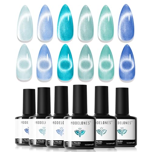 modelones Cat Eye Gel Nail Polish Set, 6 Colors Light Baby Blue Green 9D Cat Eye Glitter Gel Polish with Magnetic Stick Soak Off LED Manicure DIY Salon Gift Starter Kit - color: A A A2 Blue Green Cat Eye