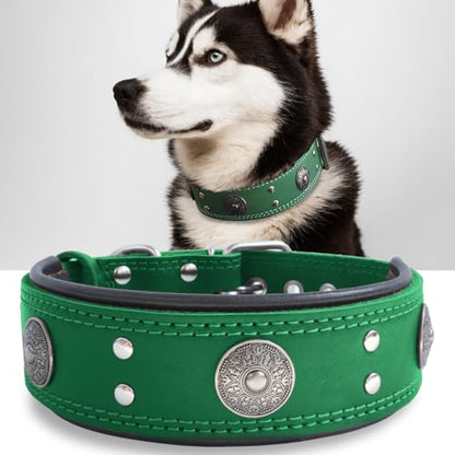 Leather Dog Collar, 2 inches Wide Heavy Duty Genuine Leather Collars, Handmade, Soft, and Luxury, Eye-catching Best Choice for Large and Medium Breed Dogs, Green 18.5-22.5 in - color: Green, size: 18.5-22.5 in