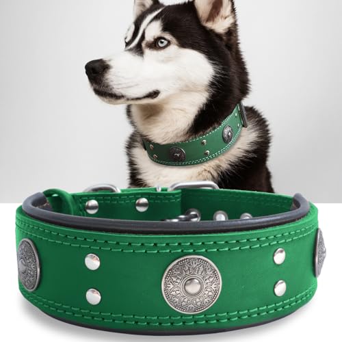 Leather Dog Collar, 2 inches Wide Heavy Duty Genuine Leather Collars, Handmade, Soft, and Luxury, Eye-catching Best Choice for Large and Medium Breed Dogs, Green 18.5-22.5 in - color: Green, size: 18.5-22.5 in