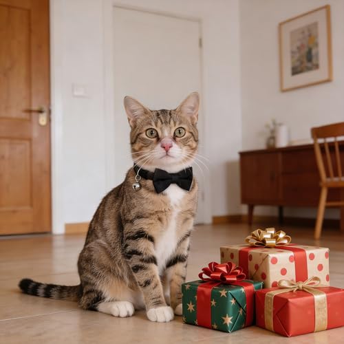 Velvet Cat Collar, Removable Kitten Bow Tie - Breakaway Cat Collar with Bell - Safety Buckle, Adjustable 7-11 Inches for Cats