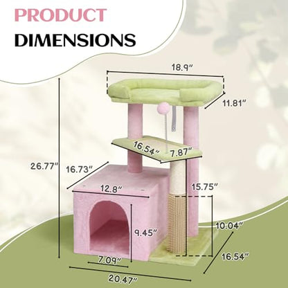 Outvita Cat Tree 27.5in Small Cat Tower, Multi-Level Cat Tree Tower with Cat Scratching Post and Pad, Cozy Cat Condo, Padded Top Bed for Kittens and Indoor Cats, Pink & Green - size: 27.5" Pink & Green