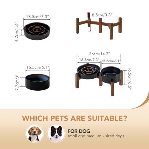 Havniva 1.2 Cup Elevated Slow Feeder Dog Bowls, 7.3” Dog Slow Feeding Bowls + 6.1” Ceramic Dog Water Bowls Set with Acacia Wood Stand, Dog Food Bowls Puzzle Feeder for Small Dogs Non-Slip Anti-choking - color: 2 x Starry Sky + Stand - A, size: M- 7.3inch