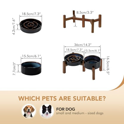 Havniva 1.2 Cup Elevated Slow Feeder Dog Bowls, 7.3” Dog Slow Feeding Bowls + 6.1” Ceramic Dog Water Bowls Set with Acacia Wood Stand, Dog Food Bowls Puzzle Feeder for Small Dogs Non-Slip Anti-choking - color: 2 x Starry Sky + Stand - A, size: M- 7.3inch