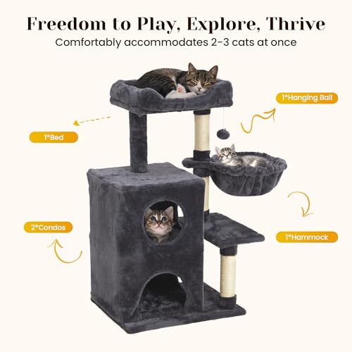 Fansafurn Medium Cat Tree with Scratching Posts, Cat Bed, Hammocks & Condos – Multi-Level Cat Tower for Playful Cats, 36" Modern Jungle Gym, Dark Grey - color: Dark Grey