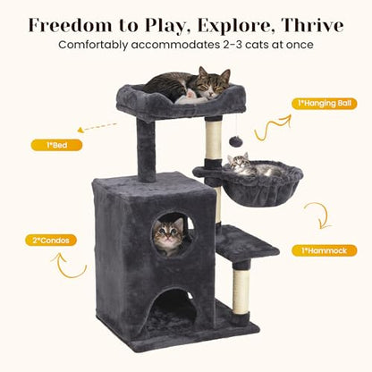Fansafurn Medium Cat Tree with Scratching Posts, Cat Bed, Hammocks & Condos – Multi-Level Cat Tower for Playful Cats, 36" Modern Jungle Gym, Dark Grey - color: Dark Grey