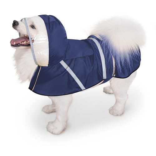 Dog Raincoat, Adjustable Rain Jacket with Hooded Double Layer for Large Medium Small Dogs Puppies, Lightweight Waterproof Rain Coat Poncho with Reflective Stripe Navy,S - color: Navy, size: Small