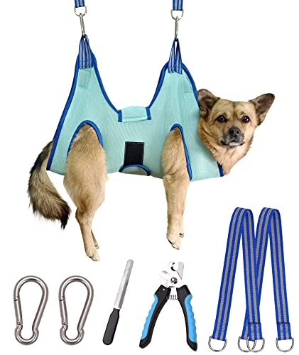 Kkiimatt Dog Pet Grooming Hammock,S Hanging Harness for Nail Clipping,Trimming Cutting Hammock, Sling Holder Helper for Small Dogs, Grooming Restraint Bag with Wide Strap Sewed - color: Small 24 LB Max/Turquoise