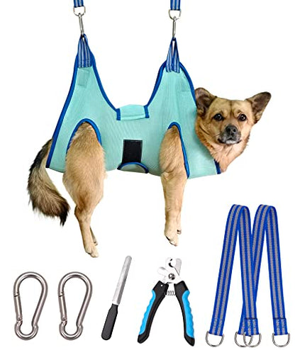 Kkiimatt Dog Pet Grooming Hammock,S Hanging Harness for Nail Clipping,Trimming Cutting Hammock, Sling Holder Helper for Small Dogs, Grooming Restraint Bag with Wide Strap Sewed - color: Small 24 LB Max/Turquoise