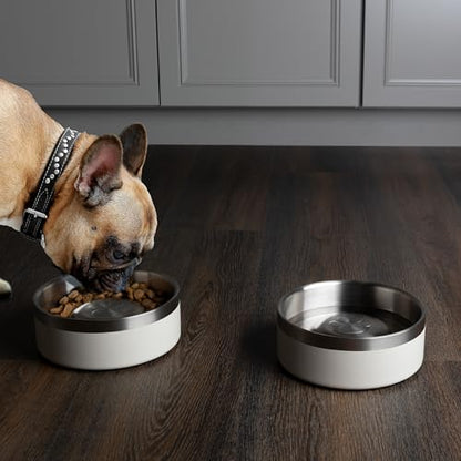 Set of 2 Stainless Steel Slow Feeder Dog Bowls - 30oz/3.75 Cups Double Wall Insulated Food and Water Bowls for Dogs - Non Slip Metal Pet Dishes for Small-Medium Sized Pets PETMAKER (Cream) - size: 30oz