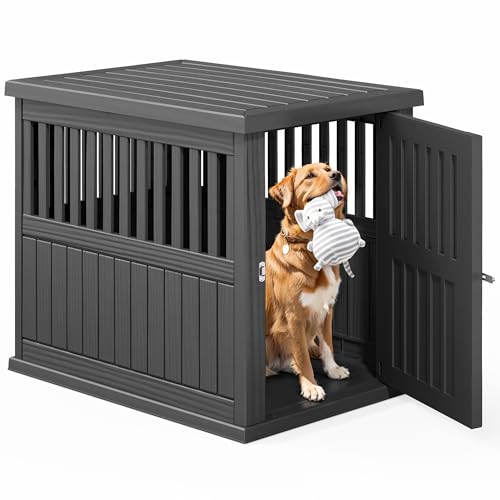 40-Inch Heavy Duty Dog Crate Furniture Lockable Indoor Outdoor Kennel & End Table for Small/Large Dogs Decorative Plastic Pet Cage in Black - color: Black, size: 39.4"L x 28.4"W x 32.6"H