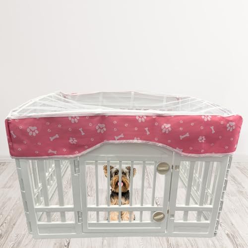 PJYuCien Dog Playpen Mesh Top Cover, Fits 36 Inch 4 Panels Regular Square Plastic Exercise Pet Pen, Adhesive Tape Connections, Pink Paw (Note: Cover Only, Fence Not Included) - style: Pink Paw Cover, 36"Width, Black Paw ( Adhesive Tape Connections )