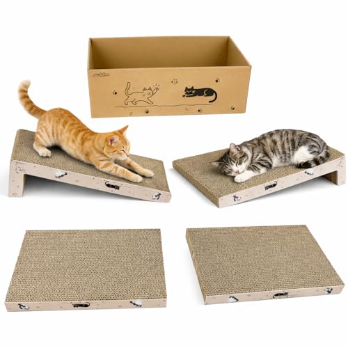 Cat Scratcher with Box, 4 Pcs Cat Scratching Pad High-Density Corrugated (2 Flat & 2 L-Shaped), Corrugated Cardboard Scratch Pad, 1.4in Thick L Scratchers for Kittens with Catnip