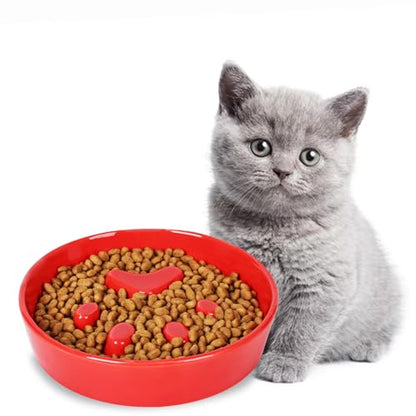 Slow Feeder Cat Bowls, Ceramic Fun Slow Eater Bowl for Cats (Red)