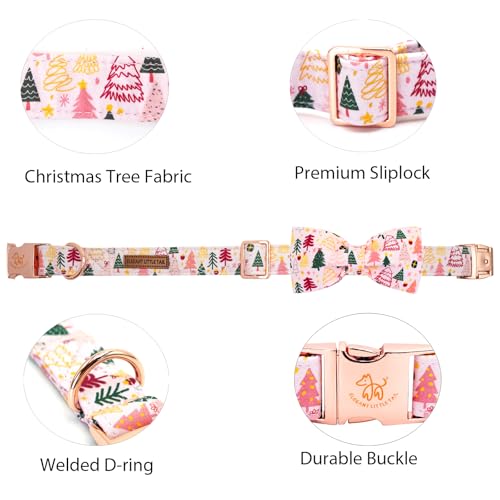 Elegant little tail Christmas Dog Collar, Christmas Tree Pet Collars Bow Pink Metal Buckle Collar Puppy Girl Boy Holiday Cotton Soft Bowtie Adjustable Dog Collar for X-Small Dogs - color: Pink Christmas Tree, size: X-Small (Pack of 1)