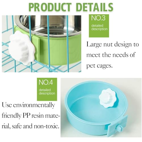 kathson Crate Dog Bowl 2pcs, Removable Stainless Steel Hanging Pet Kennel Cage Bowl Food & Water Feeder Coop Cup for Puppy, Cat, Rabbit, Guinea Pigs (2 PCS, Size: L, Blue and Green) - color: Size: L (Blue, Green), size: 2 PCS