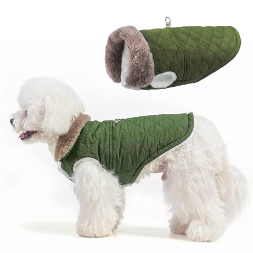 BEAUTYZOO Winter Dog Coat with Harness Built in, Warm Dog Puffer Jacket Vest Padded Fleece Cold Weather Coats Windproof Waterproof Snow Jackets Clothes for Small Medium Puppy, Green S - color: Army Green, size: S (Back: 12",Chest: 18")