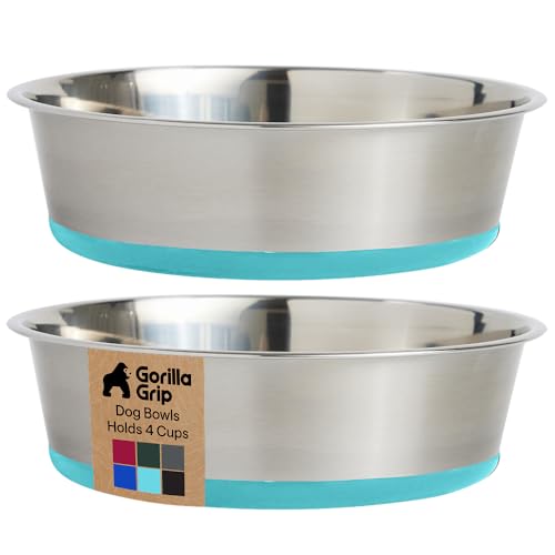 GORILLA GRIP Dog Bowls, Food Grade 304 Stainless Steel Holds 4 Cups Each (32 fl oz) Food and Water Bowl for Feeding Dogs and Cats Dishwasher Safe Rust Resistant BPA Free Rubber Base Set of 2 Turquoise - color: Turquoise, size: 4 Cup (32 Oz)