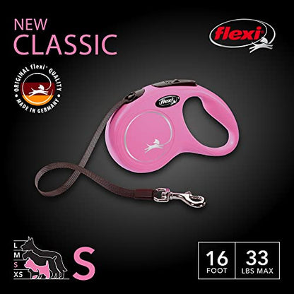 FLEXI New Classic Tape Retractable Dog Leash for Small Dogs Up to 33 lbs. – 16 ft., Pink Tangle-Free Pet Walking Leash with One-Handed Brake, Pause, Lock German Quality Product - color: Pink, size: Small - 16 Feet (Tape)