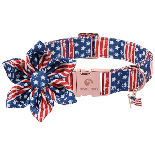 4th of July American Flag Dog Collar, DOGWONG Red Blue Flower Dog Collars with Metal Adjustable Buckle, Comfortable Independence Day Dogs Collars for Small Dogs - color: B:Strip Flag, size: S
