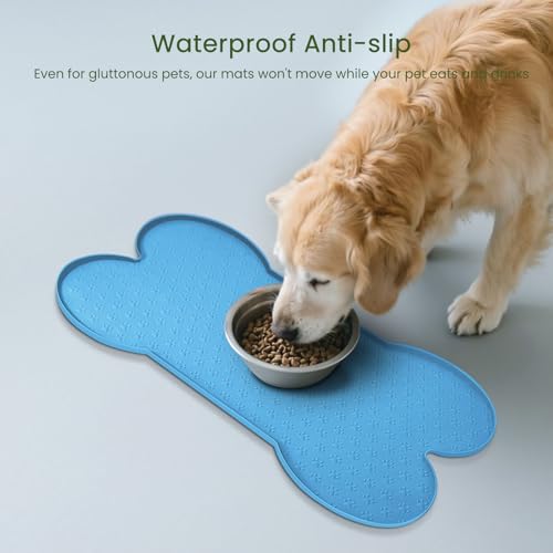PWTAA Dog Food Mat Anti-Slip Silicone Dog Bowl Mat Thicker Pet Placemat Waterproof Cat Feeder Pad with Raised Edge Puppy Kitten Feeding Mats Suitable Small Medium-Sized Dogs Cats Eating Tray - color: Blue, size: 19.4" x 9.8"