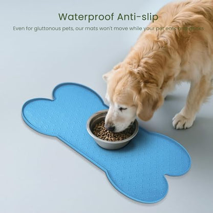 PWTAA Dog Food Mat Anti-Slip Silicone Dog Bowl Mat Thicker Pet Placemat Waterproof Cat Feeder Pad with Raised Edge Puppy Kitten Feeding Mats Suitable Small Medium-Sized Dogs Cats Eating Tray - color: Blue, size: 19.4" x 9.8"