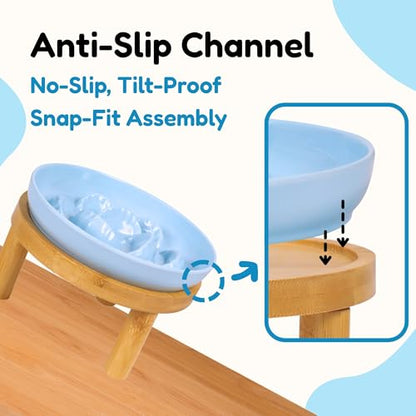 Slow Feeder Bowl, 6.3″ Elevated Cat Bowl with Stand, Melamine Wide Shallow Food Bowl, Whisker-Friendly Raised Plate, Wet Food Feeder for Slow Eating (Blue) - color: Blue, size: 1 Pack with Stand - 6.3''W x 1.5''H