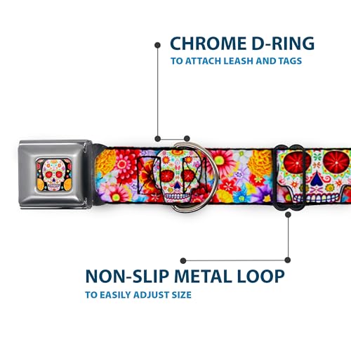 Dog Collar Seatbelt Buckle Sugar Skull Starburst White Multi Color 13 to 18 Inches 1.5 Inch Wide - size: 1.5" Wide - Fits 13-17" Neck - Small