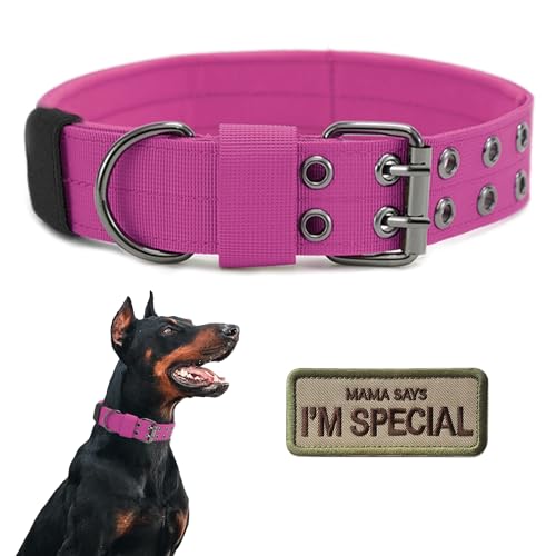 Tactical Dog Collar Military Adjustable Dog Collars Soft Nylon Training Collar with Patch Heavy Duty Metal Buckle Collars for Medium Large Dogs (Pink, L) - color: Pink, size: L